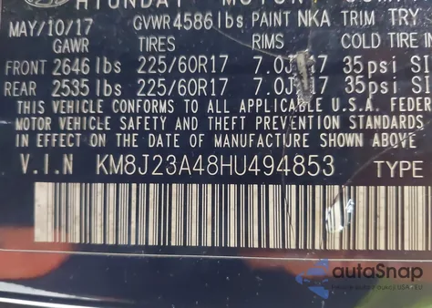 2017 Hyundai Tucson Se from USA, damaged, VIN KM8J23A48HU494853